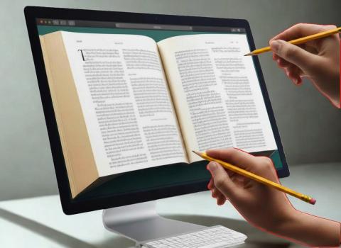 due matite puntano a un libro inscritto in uno schermo di computer
