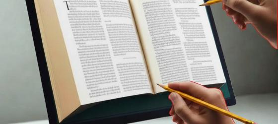 due matite puntano a un libro inscritto in uno schermo di computer